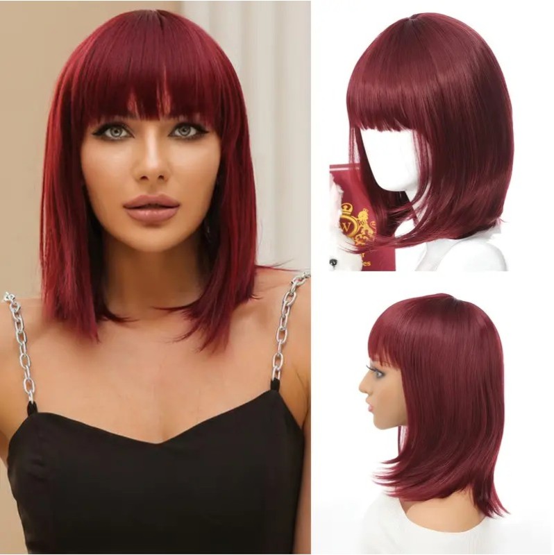 Straight Long Bob with Bangs Wig Red