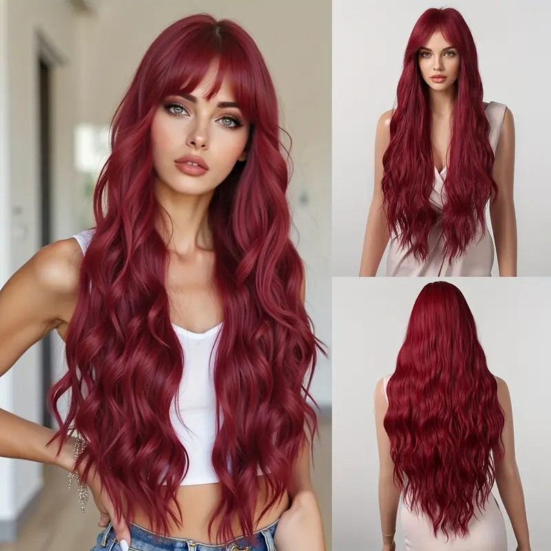 Long Wig with Bangs Beachy Waves Red 