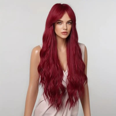 Long Wig with Bangs Beachy Waves Red  Long Wig with Bangs Beachy Waves Red