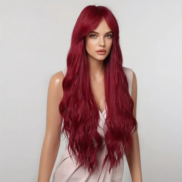 Long Wig with Bangs Beachy Waves Red 