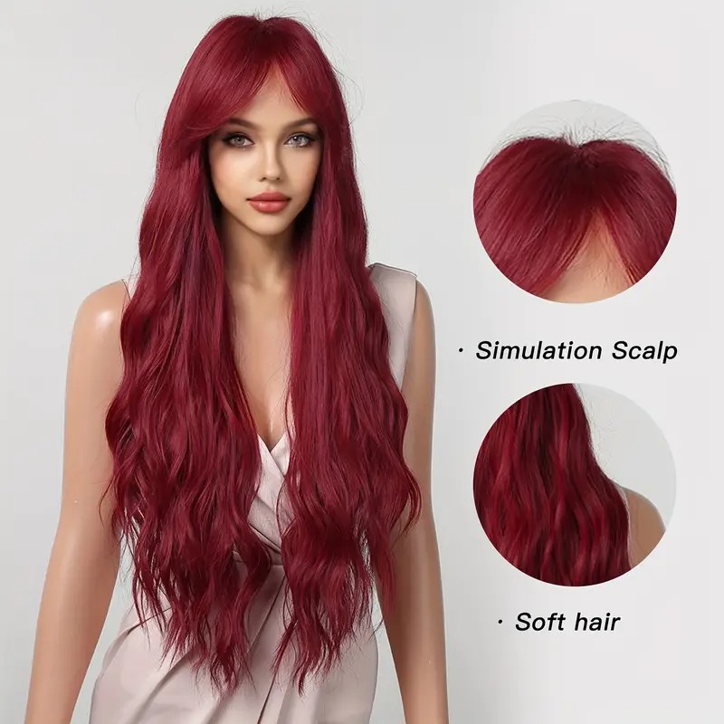 Long Wig with Bangs Beachy Waves Red 