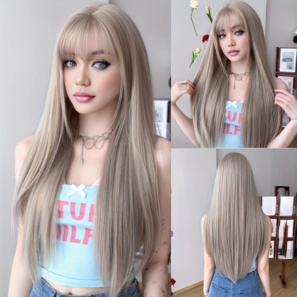 Long Straight Wig with Bangs Grey 