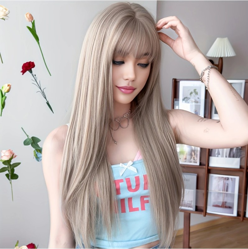 Long Straight Wig with Bangs Grey 