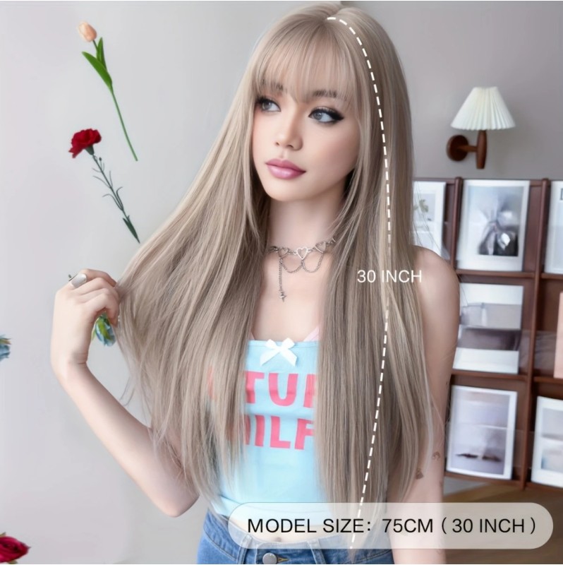 Long Straight Wig with Bangs Grey 