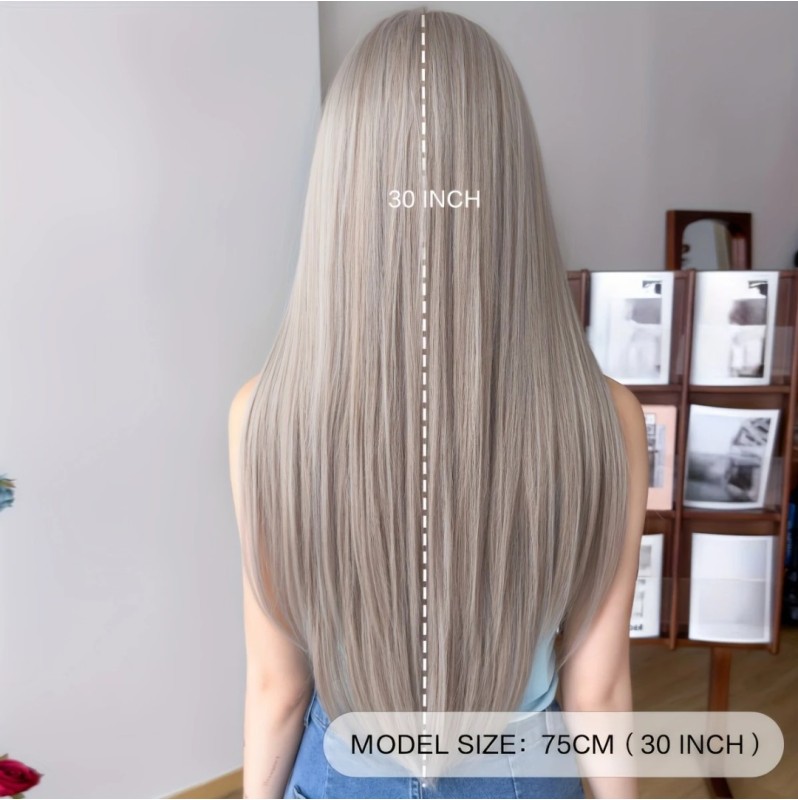 Long Straight Wig with Bangs Grey 