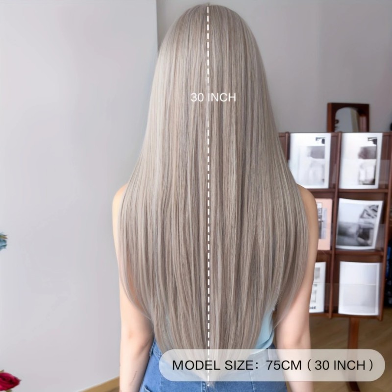 Long Straight Wig with Bangs Grey Long Straight Wig with Bangs Grey