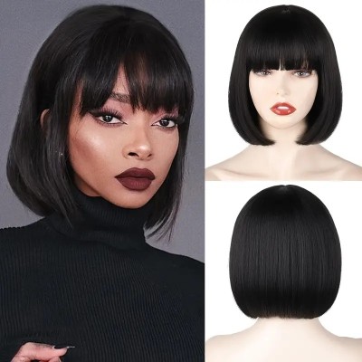 Straight Bob with Bangs Wig Black Straight Bob with Bangs Wig Black