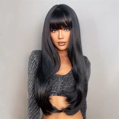 Long Straight Wig with Bangs Black Long Straight Wig with Bangs Black