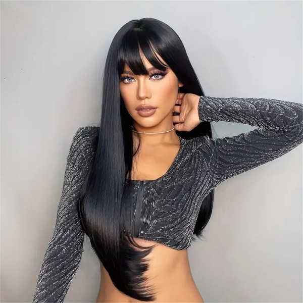 Long Straight Wig with Bangs Black Long Straight Wig with Bangs Black