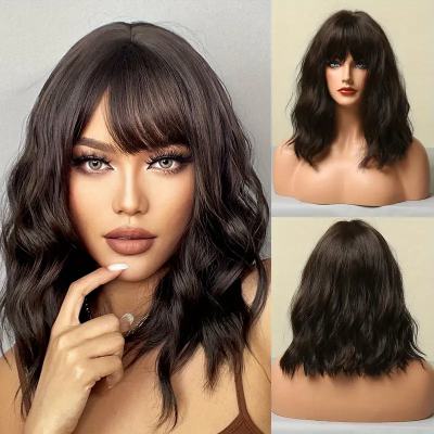 Long Bob with Bangs Wig Black Long Bob with Bangs Wig Black