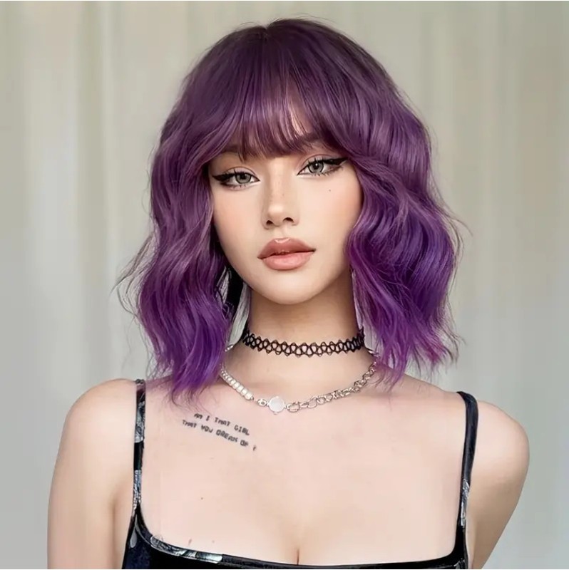 Long Bob with Bangs Wig Purple