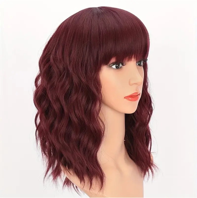 Long Bob with Bangs Wig Bordeaux