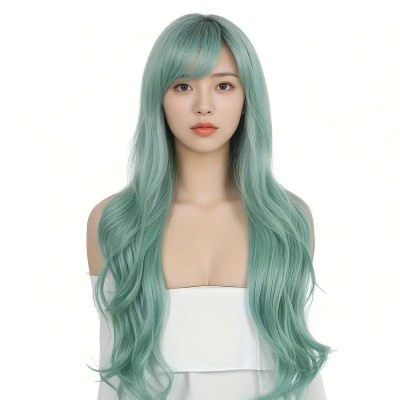 Long Wavy Wig with Bangs Green Long Wavy Wig with Bangs Green