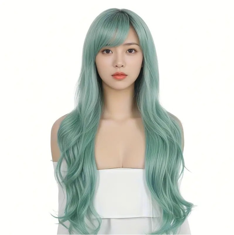 Long Wavy Wig with Bangs Green