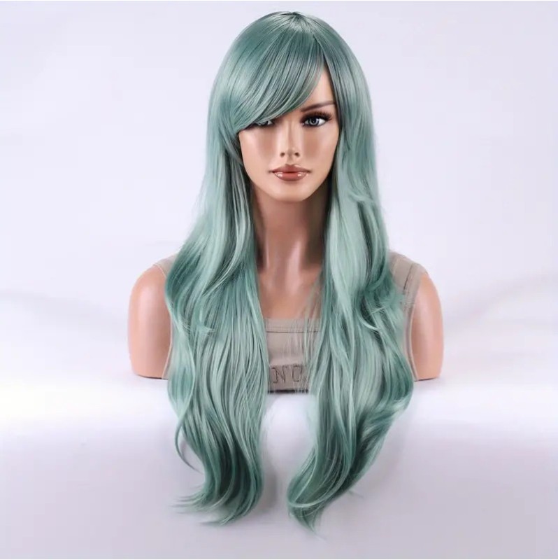 Long Wavy Wig with Bangs Green