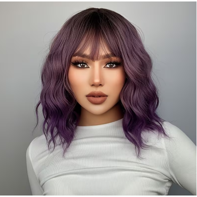 Long Bob with Bangs Wig Purple