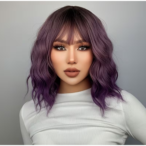 Long Bob with Bangs Wig Purple