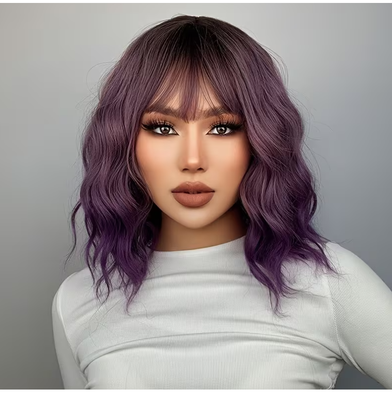 Long Bob with Bangs Wig Purple