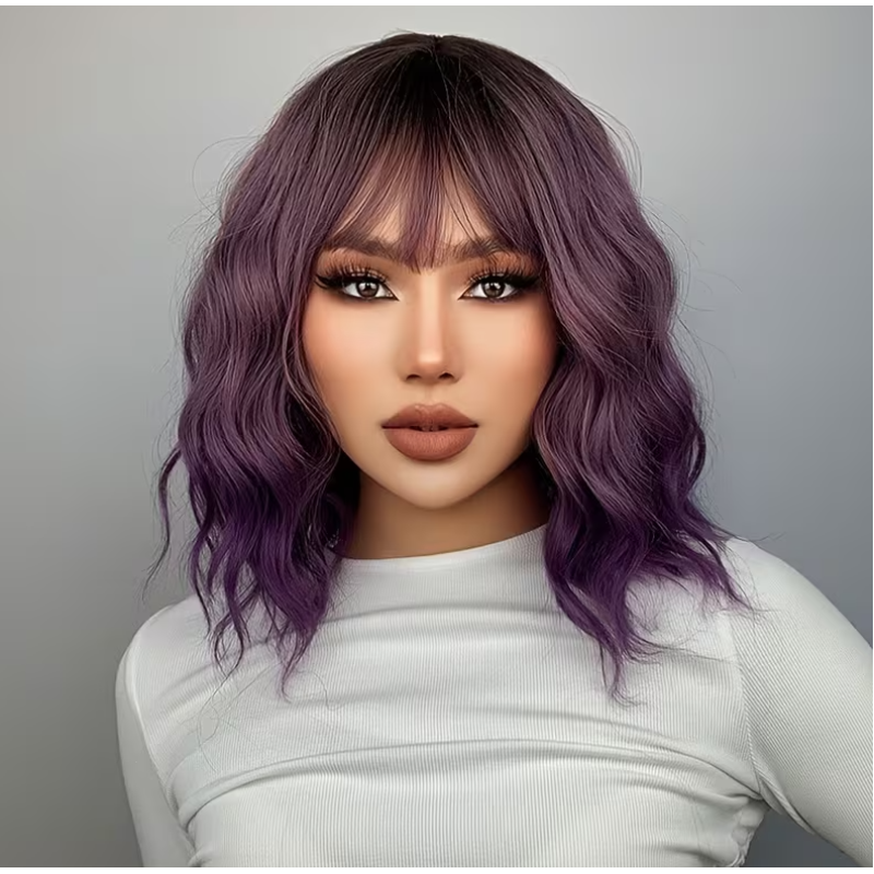 Long Bob with Bangs Wig Purple
