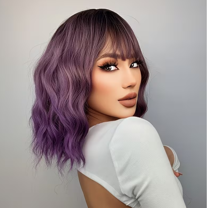 Long Bob with Bangs Wig Purple