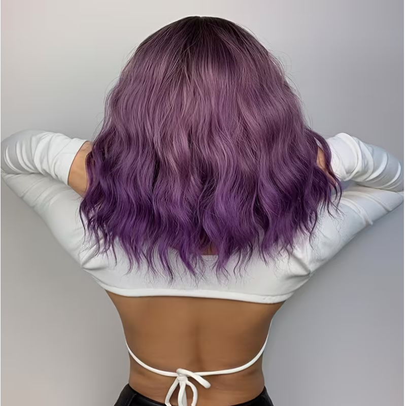 Long Bob with Bangs Wig Purple