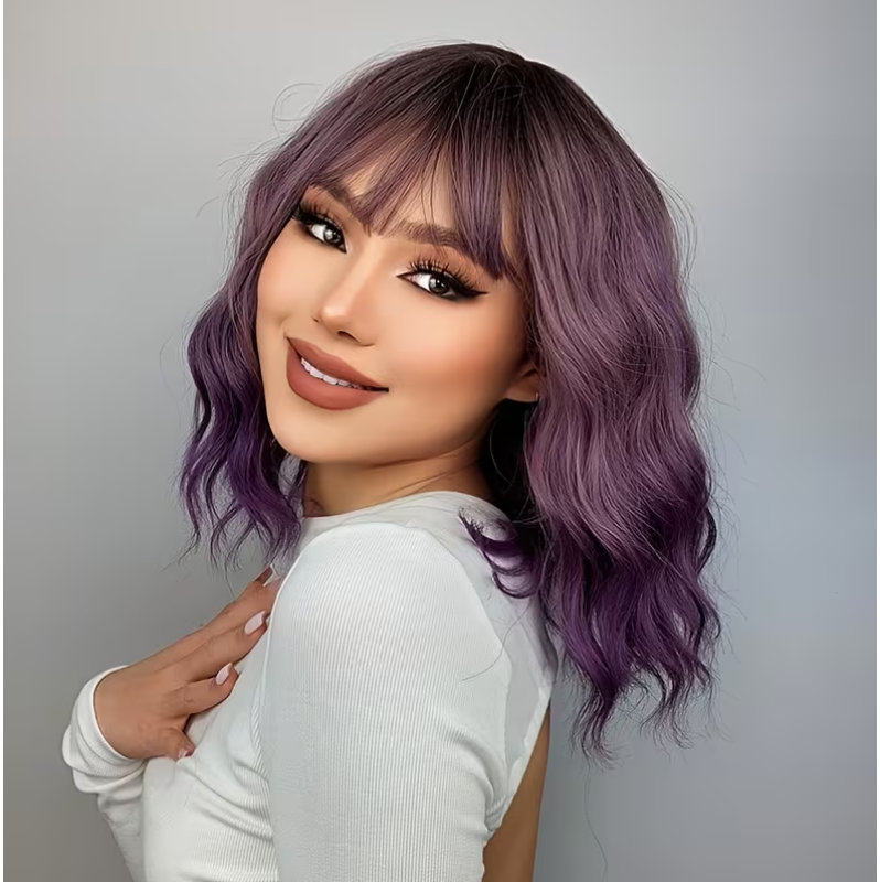 Long Bob with Bangs Wig Purple