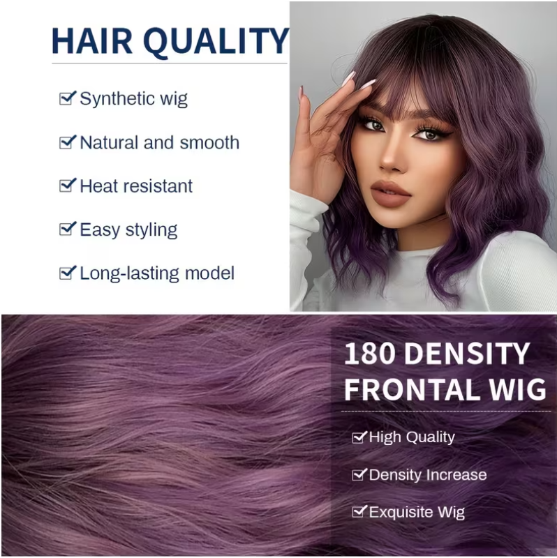 Long Bob with Bangs Wig Purple