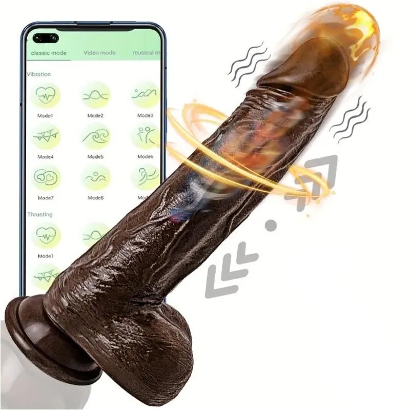 Ρεαλιστικός Θερμαινόμενος Δονητής Thrusting Με Βεντούζα&App Control 22cm Καφέ