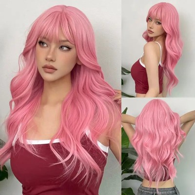 Long Wavy Wig with Bangs Pink Long Wavy Wig with Bangs Pink