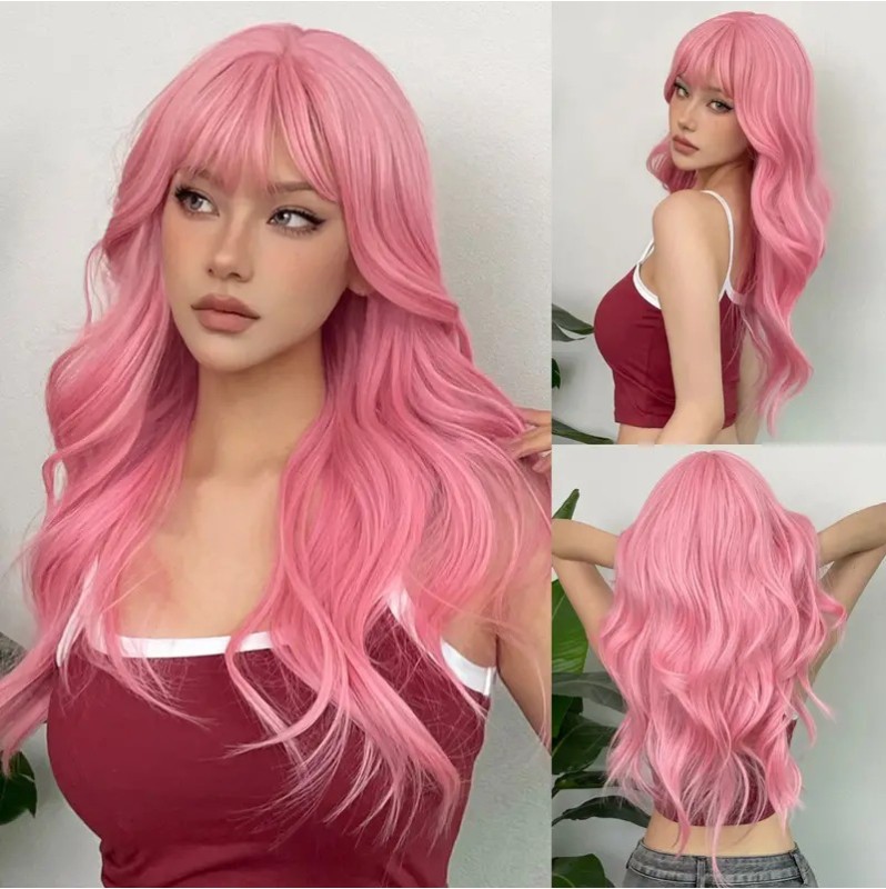 Long Wavy Wig with Bangs Pink