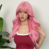 Long Wavy Wig with Bangs Pink