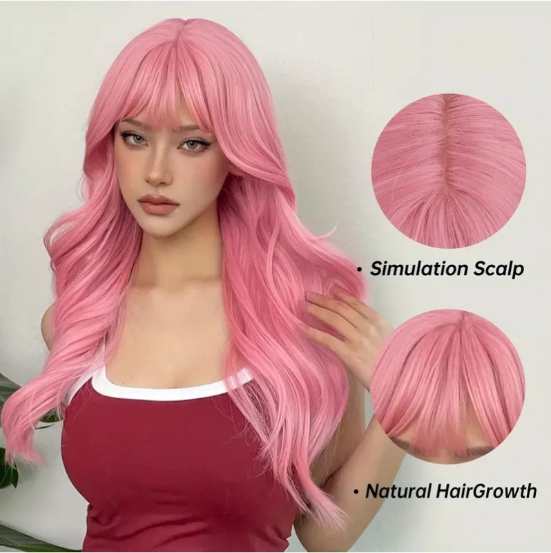 Long Wavy Wig with Bangs Pink