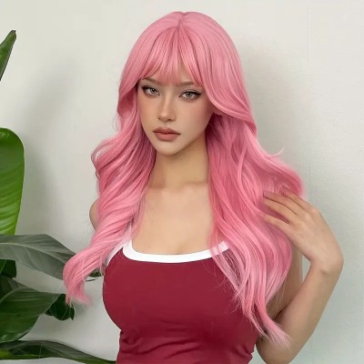 Long Wavy Wig with Bangs Pink Long Wavy Wig with Bangs Pink