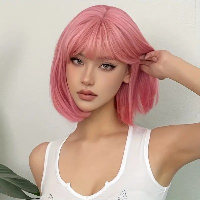 Straight Pink Bob with Bangs Wig  Straight Pink Bob with Bangs Wig