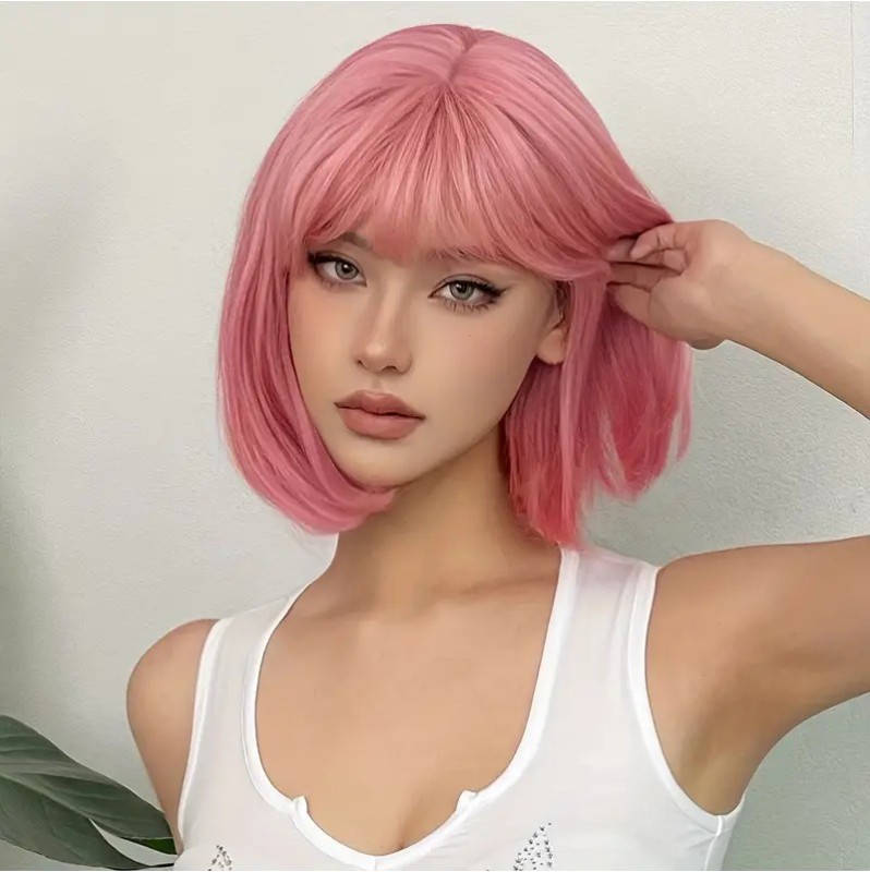 Straight Pink Bob with Bangs Wig 