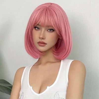 Straight Pink Bob with Bangs Wig  Straight Pink Bob with Bangs Wig
