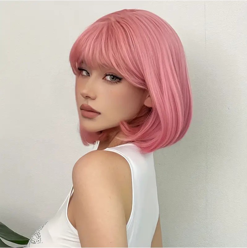 Straight Pink Bob with Bangs Wig 