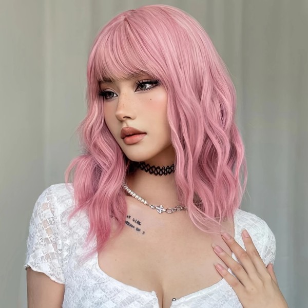 Ροζ Περούκα Μακρύ Καρέ με Αφέλειες