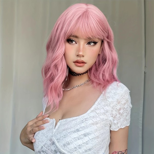 Ροζ Περούκα Μακρύ Καρέ με Αφέλειες