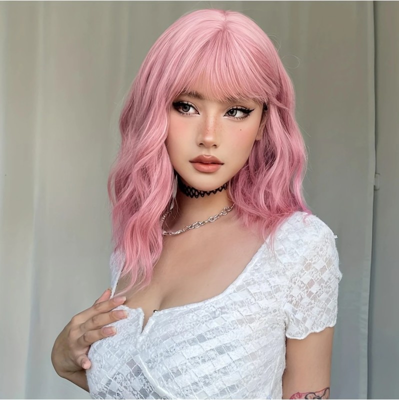 Long Bob with Bangs Wig Pink