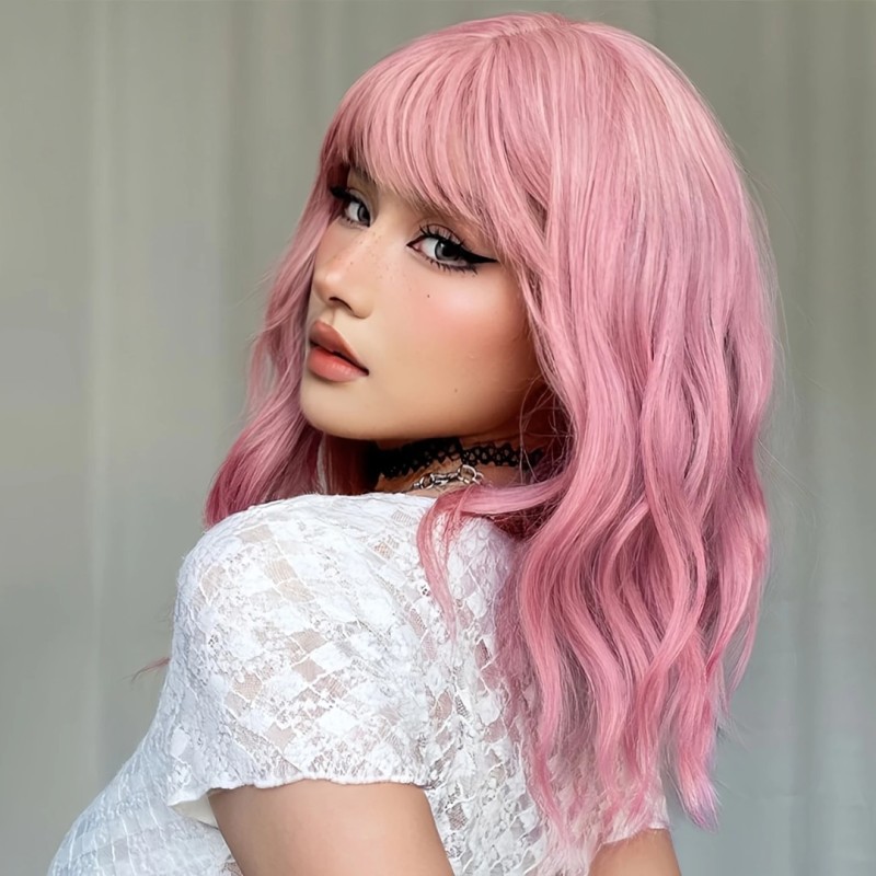 Long Bob with Bangs Wig Pink