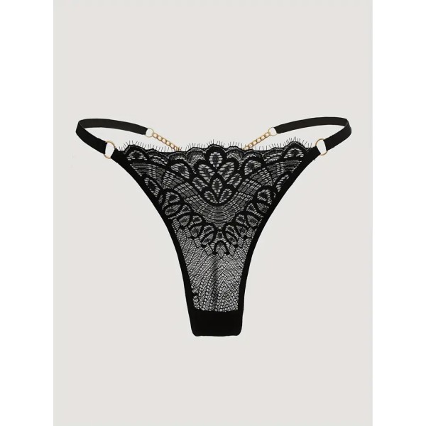 Lace Thong with Chain Black