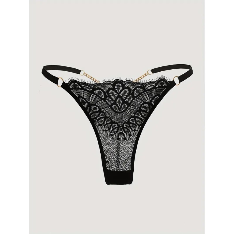 Lace Thong with Chain Black