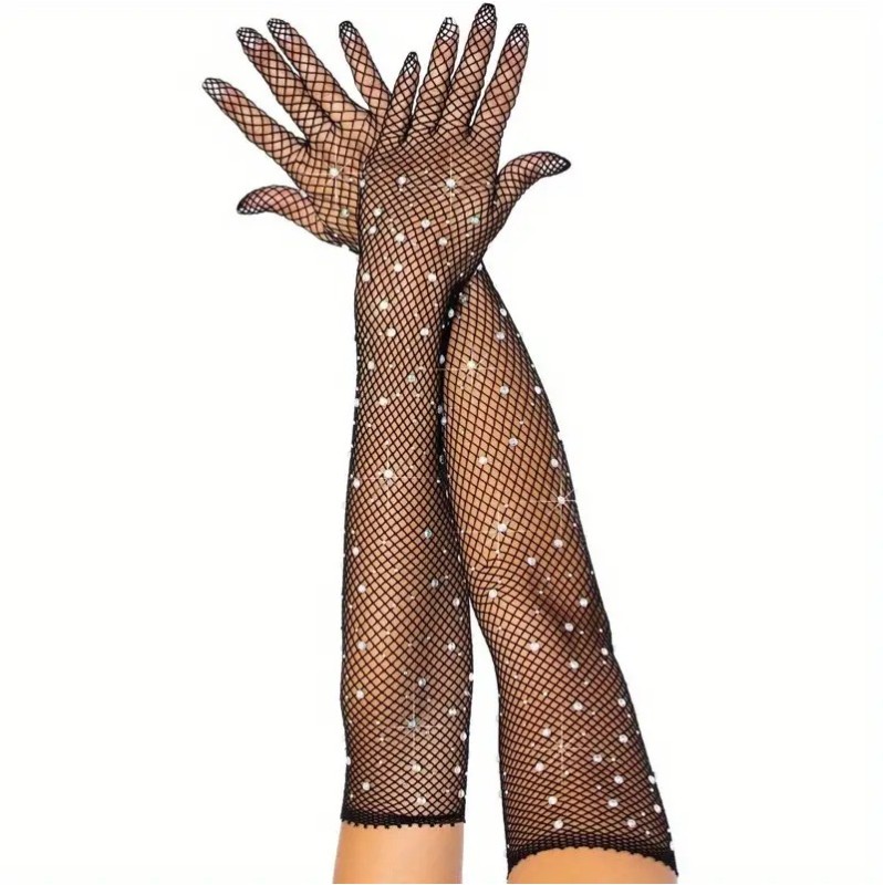 Fishnet Rhinestone Gloves Black