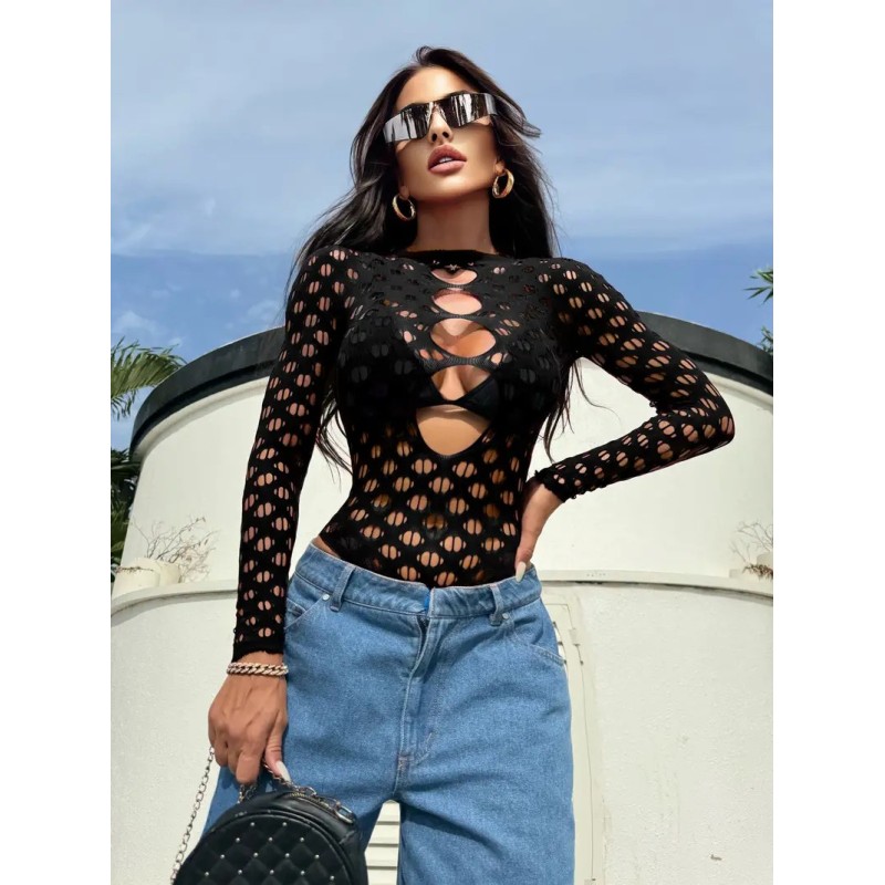 Long Sleeve Fishnet Body Black