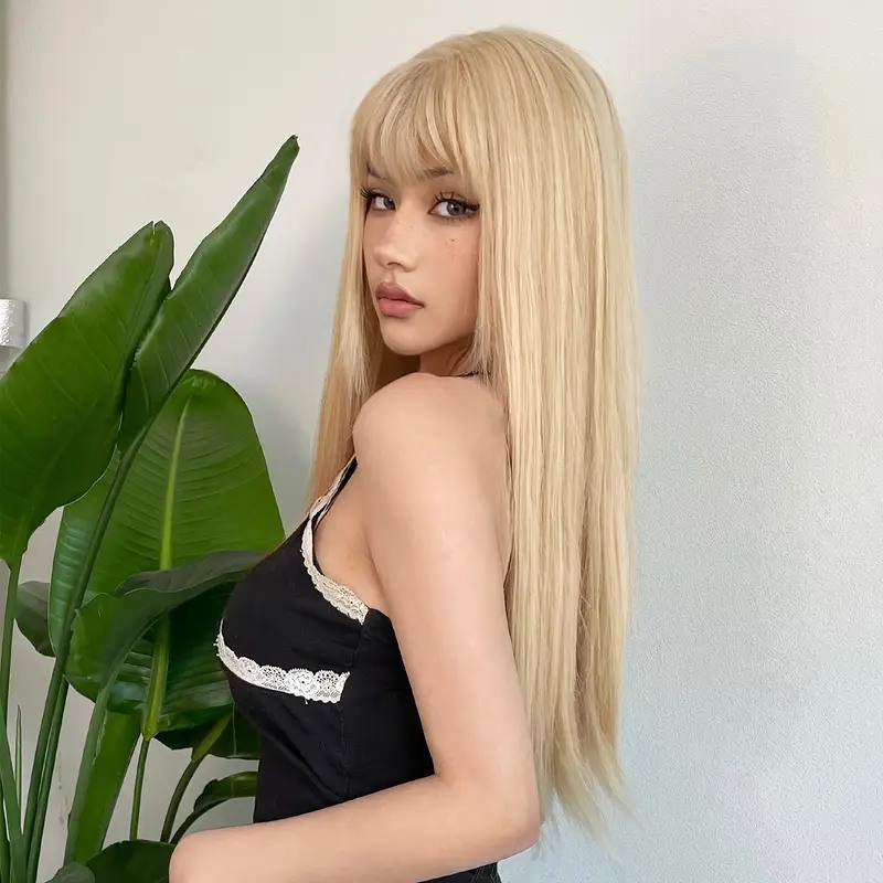 Long Straight Wig with Bangs Blonde Long Straight Wig with Bangs Blonde