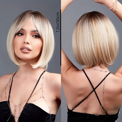 Straight Blonde Bob with Bangs Wig  Straight Blonde Bob with Bangs Wig