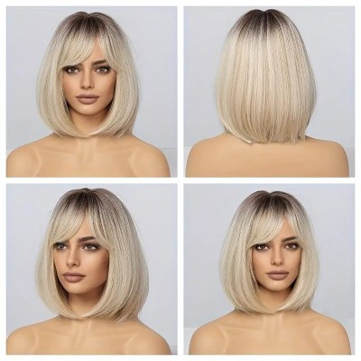 Straight Blonde Bob with Bangs Wig  Straight Blonde Bob with Bangs Wig