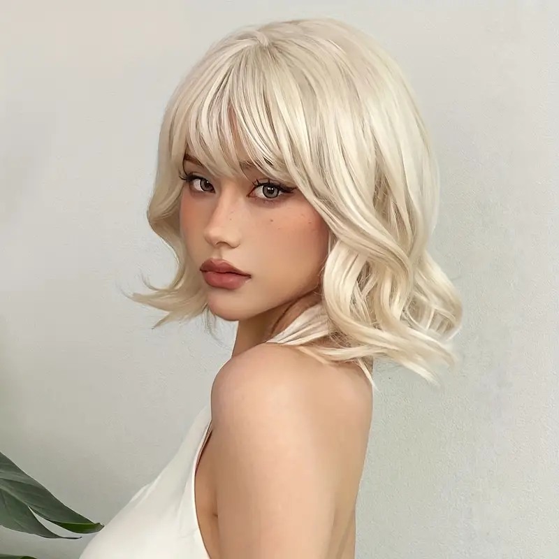 Ξανθιά Κυματιστή Περούκα Καρέ με Αφέλειες