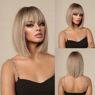 Long Bob with Bangs Wig Caramel Blonde  Long Bob with Bangs Wig Caramel Blonde